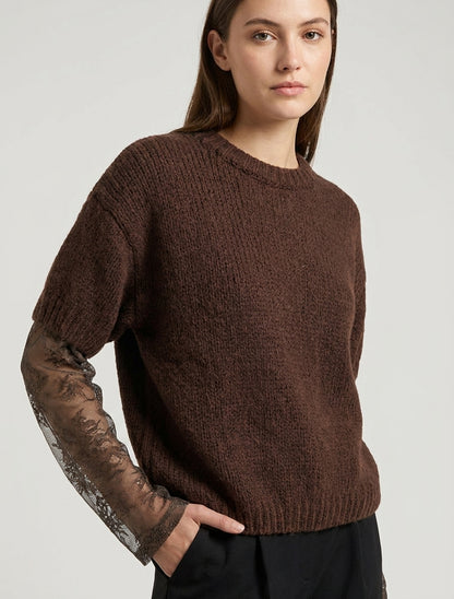Maglione a tinta unita a maniche lunghe bicolore. - Marrone