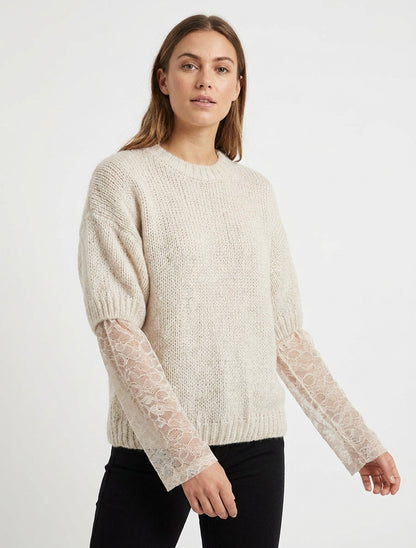 Maglione a tinta unita a maniche lunghe bicolore. - Beige