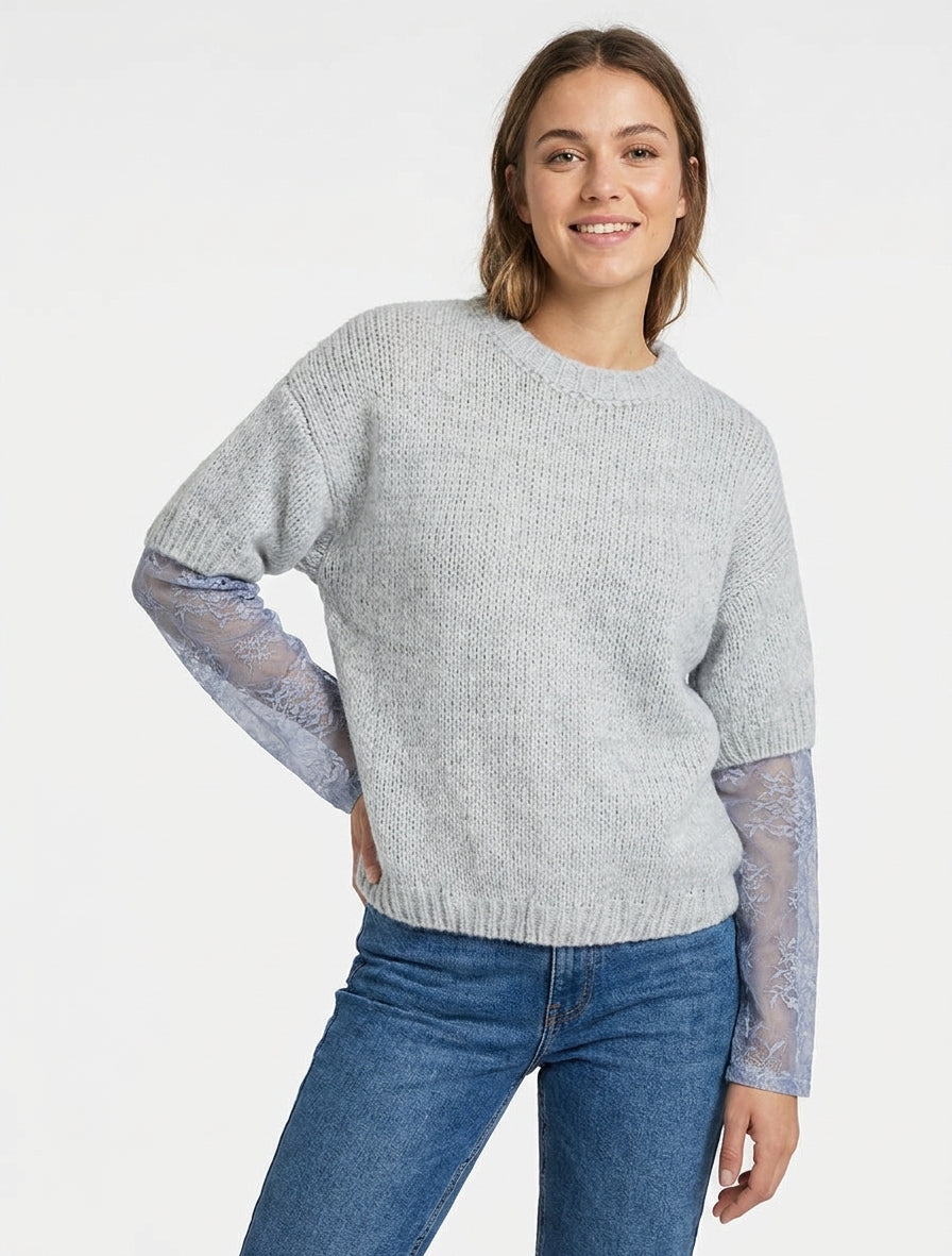 Maglione a tinta unita a maniche lunghe bicolore. - Grigio