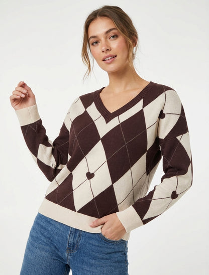 Maglione a collo a V con motivo a quadri e cuore - Marrone/beige