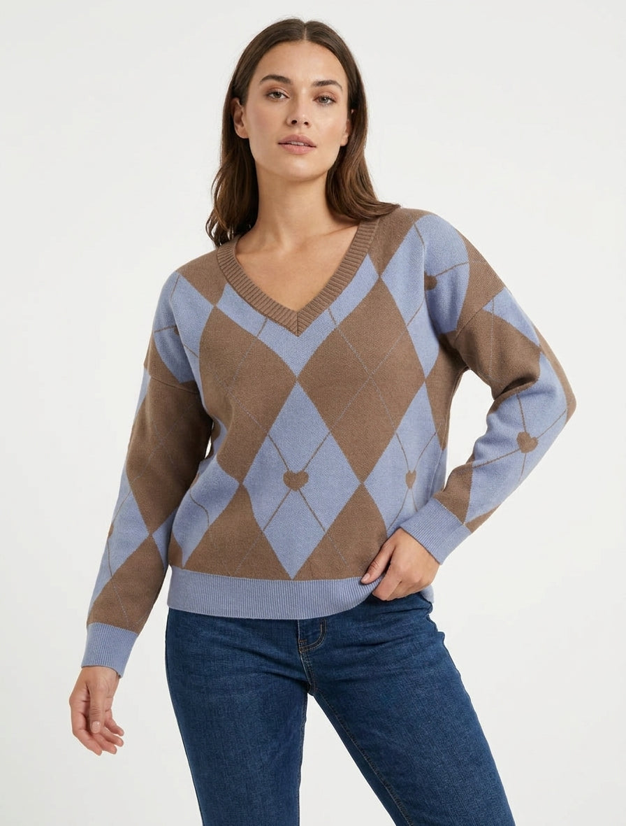 Maglione a collo a V con motivo a quadri e cuore - Marrone/blu