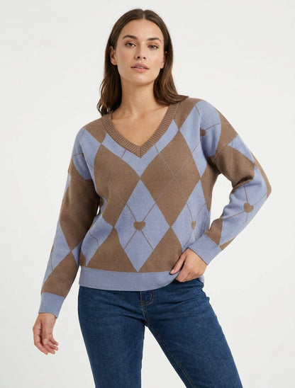 Maglione a collo a V con motivo a quadri e cuore - Marrone/blu