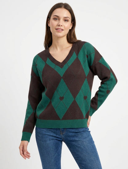 Maglione a collo a V con motivo a quadri e cuore - Marrone/verde scuro