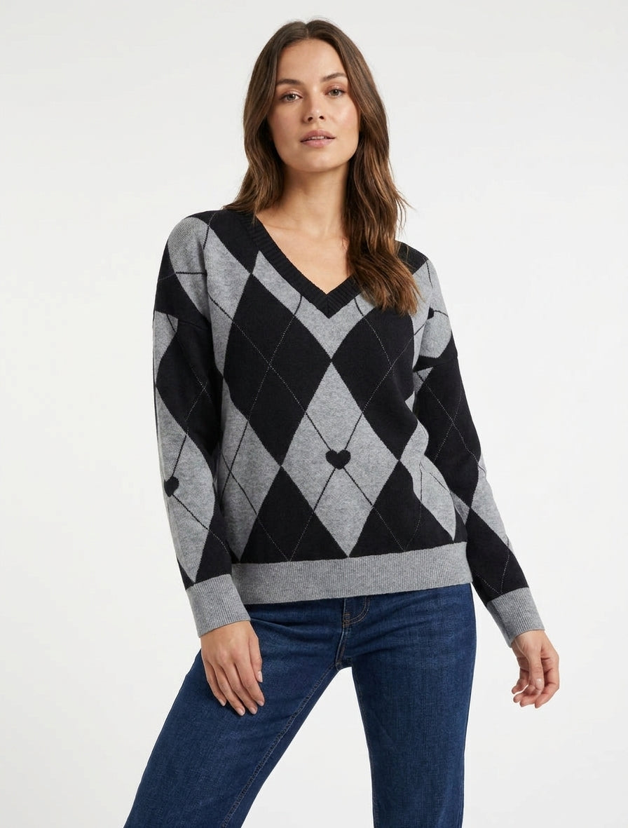 Maglione a collo a V con motivo a quadri e cuore - Nero/grigio