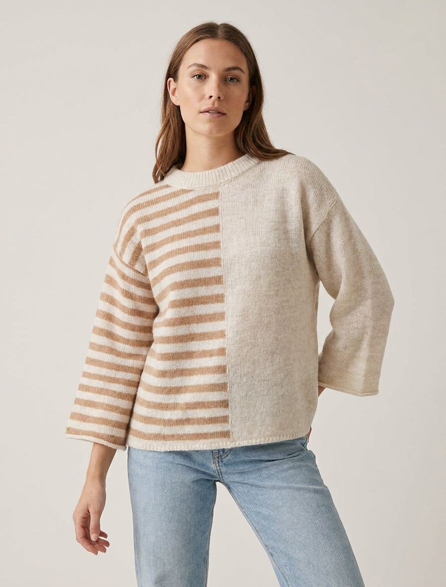 Maglione in misto mohair a righe con collo rotondo - Beige