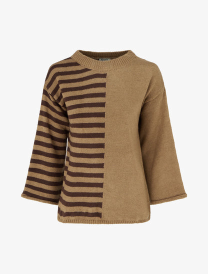 Pull en mohair mélangé à rayures et col rond - Camel - 1