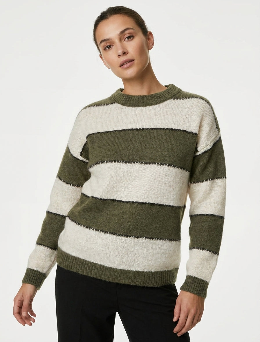 Maglione a righe tricolore in misto mohair. - Cachi