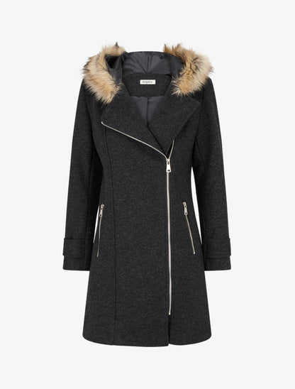 Manteau long à zip asymétrique avec fourrure sur la capuche - Gris foncé - 1