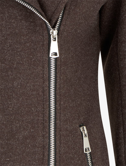 Manteau long à zip asymétrique avec fourrure sur la capuche - Chocolat - 3