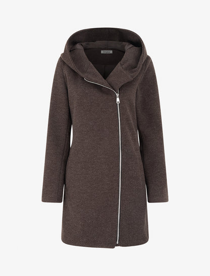 Manteau feutré à capuche et zip asymétrique - Marron - 1