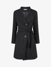 Manteau long boutonné ceinturé à la taille - Gris foncé - 1