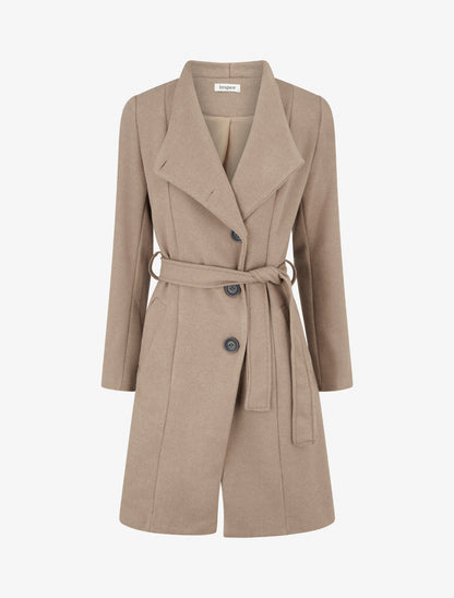 Manteau long boutonné ceinturé à la taille - Beige - 1