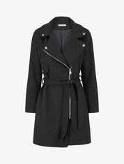 Manteau long à zip asymétrique ceinturé à la taille - Gris foncé - 1