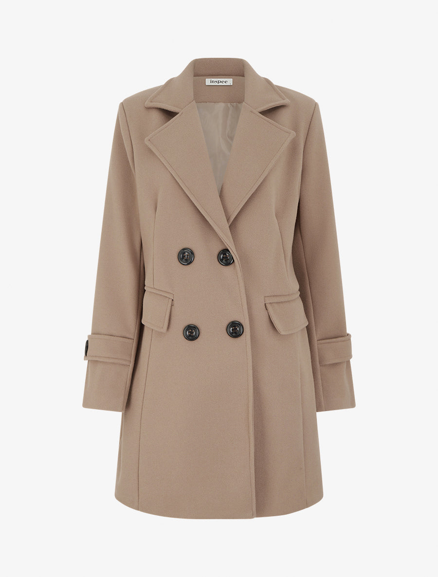 Manteau long croisé uni à col cranté et fermeture boutonnée - Beige foncé - 1
