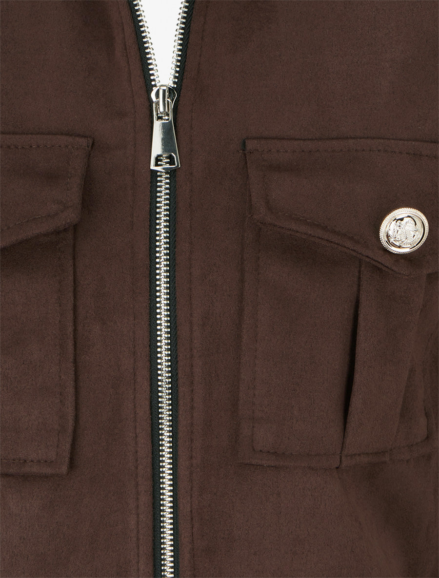 Veste en suédine zippée à poche à rabat - Marron - 3
