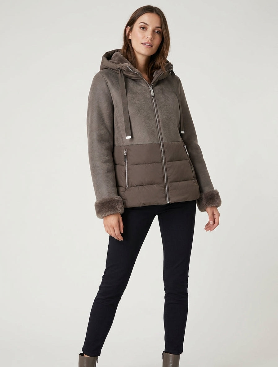 Cappotto bicolore con interno in pelliccia sintetica. - Talpa scuro