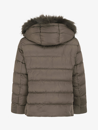 Doudoune à capuche amovible ornée de fourrure avec patch strassé - Taupe foncé - 2