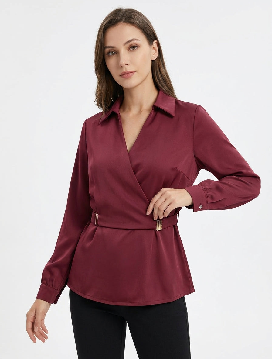 Blusa satinata con vita elasticizzata - Bordeaux