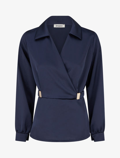 Blouse satinée à taille élastiquée - Marine - 1