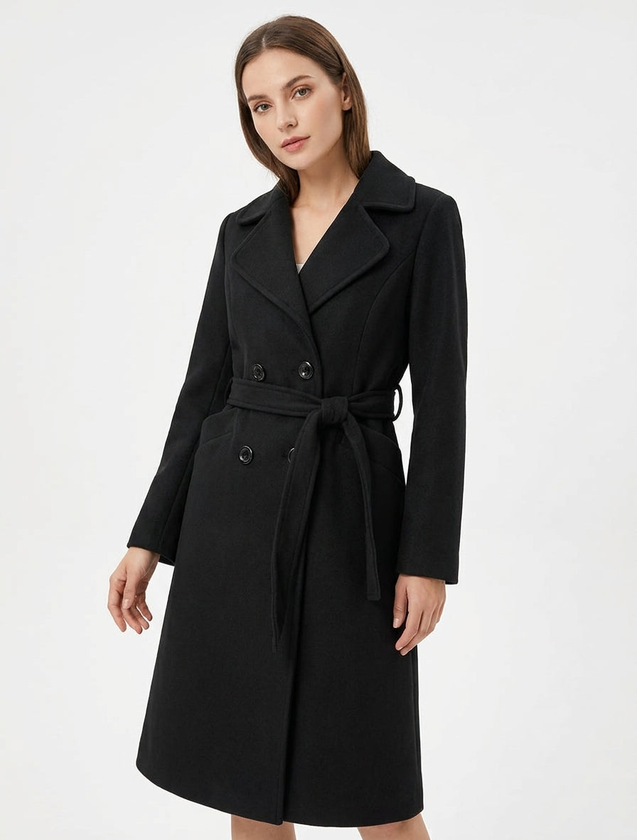Cappotto lungo doppiopetto in misto lana - Nero
