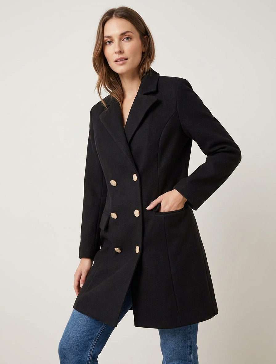 Cappotto dritto doppiopetto in misto lana - Nero