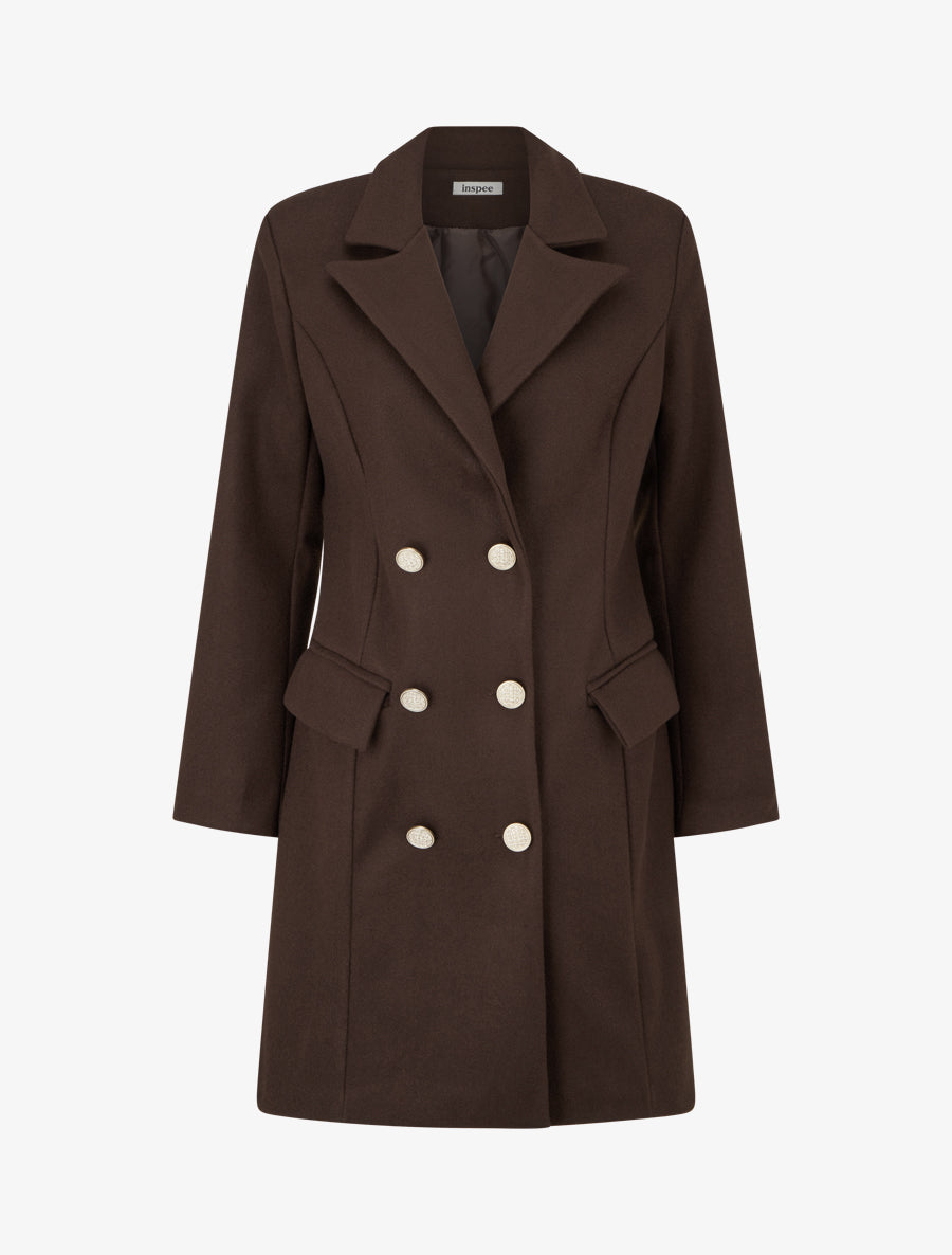 Manteau droit croisé en laine mélangé - Chocolat - 1