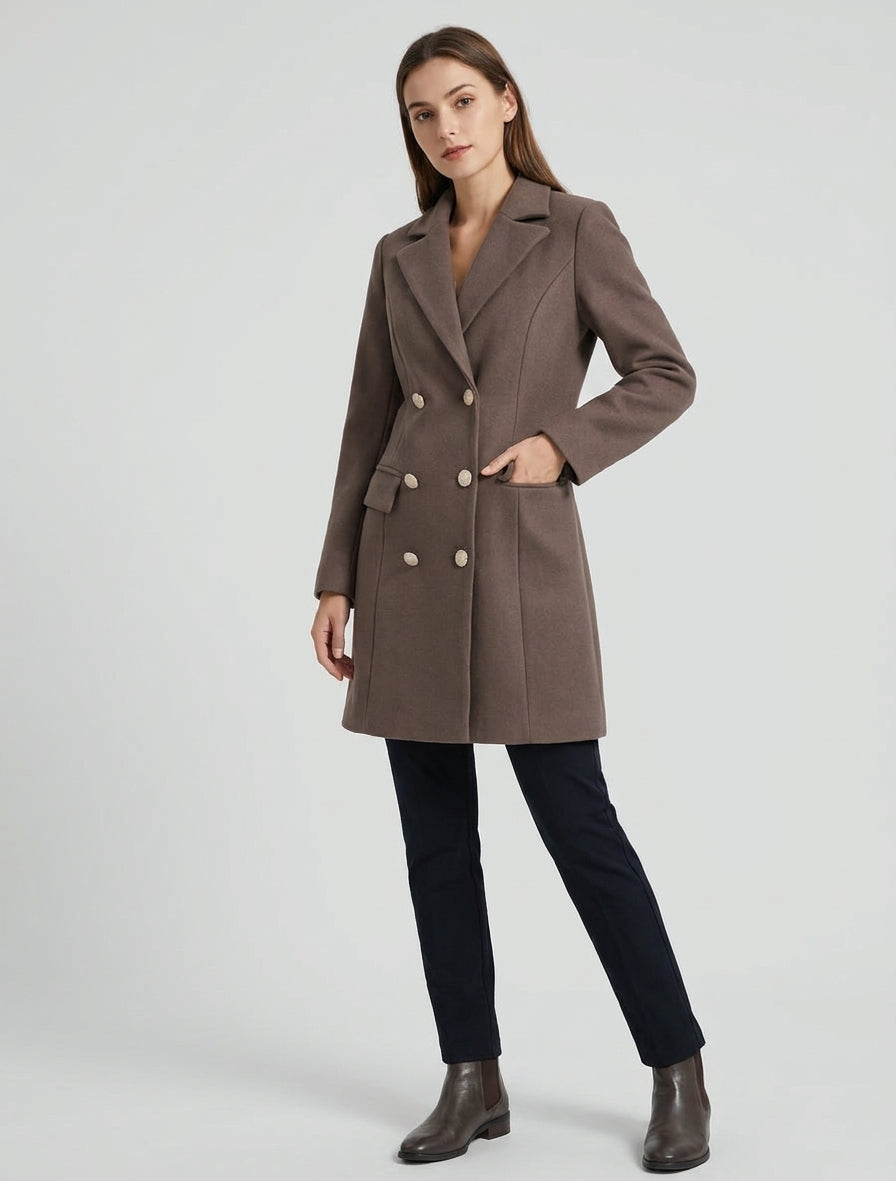 Cappotto dritto doppiopetto in misto lana - Talpa scuro
