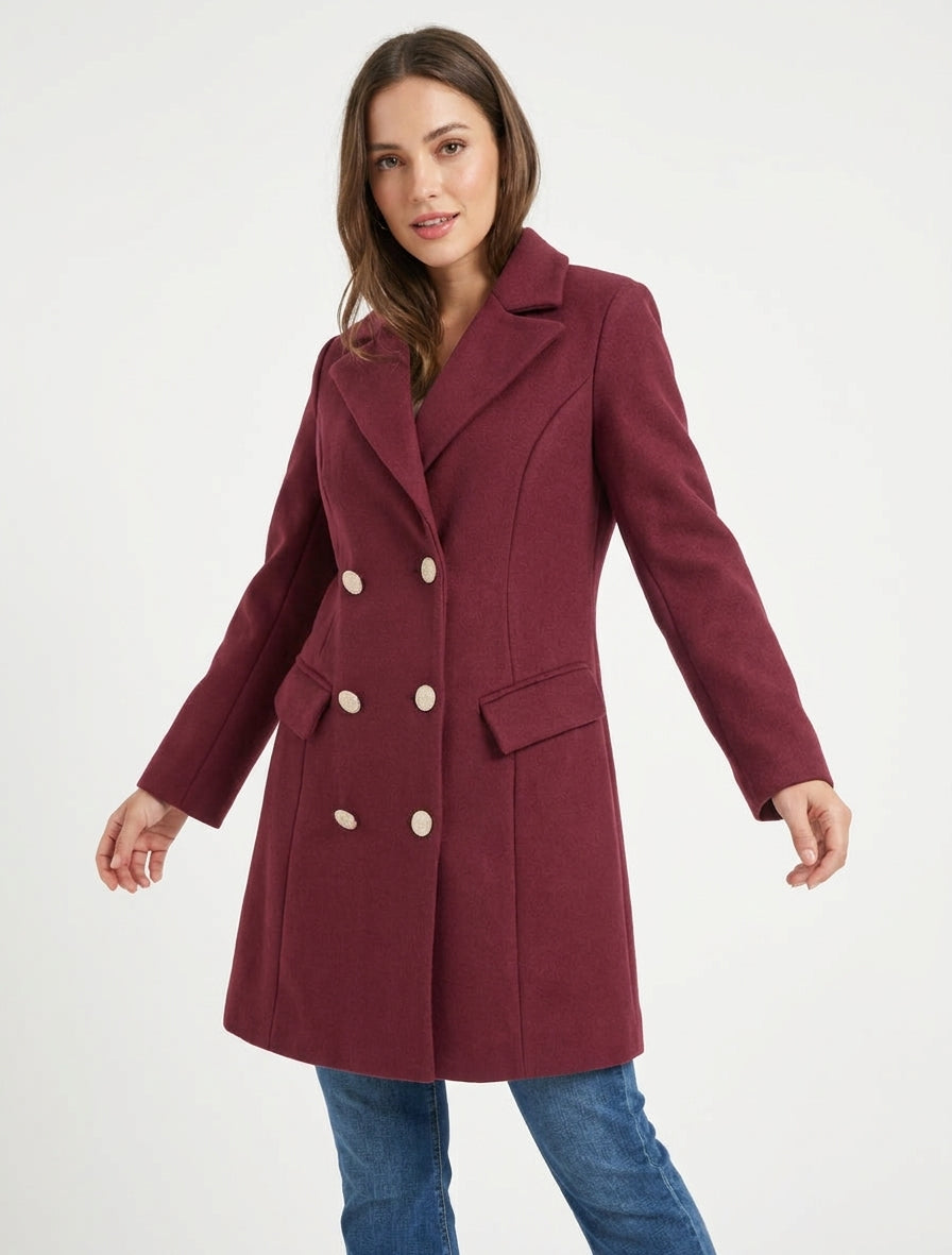 Cappotto dritto doppiopetto in misto lana - Bordeaux