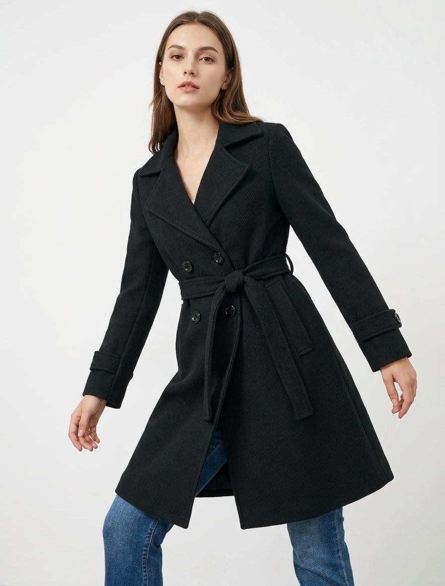 Cappotto dritto semplice con cintura - Marrone