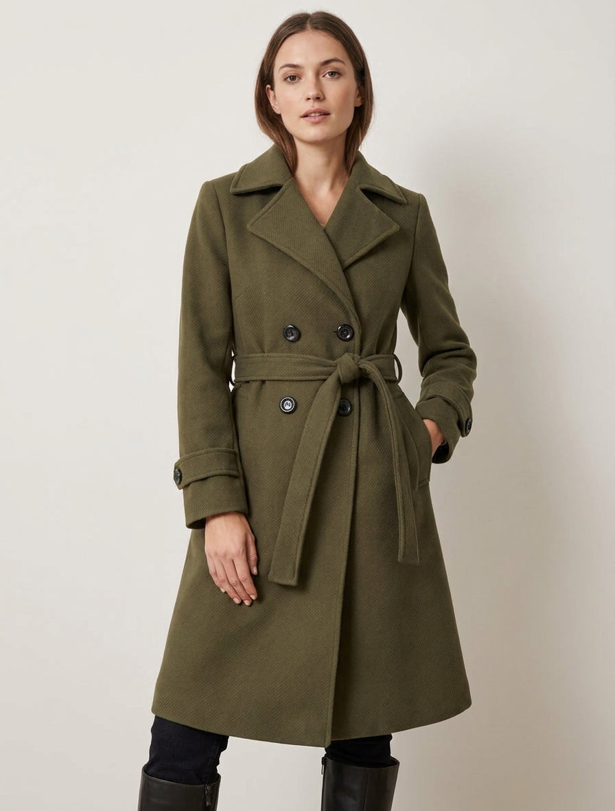 Cappotto dritto semplice con cintura - Verde oliva
