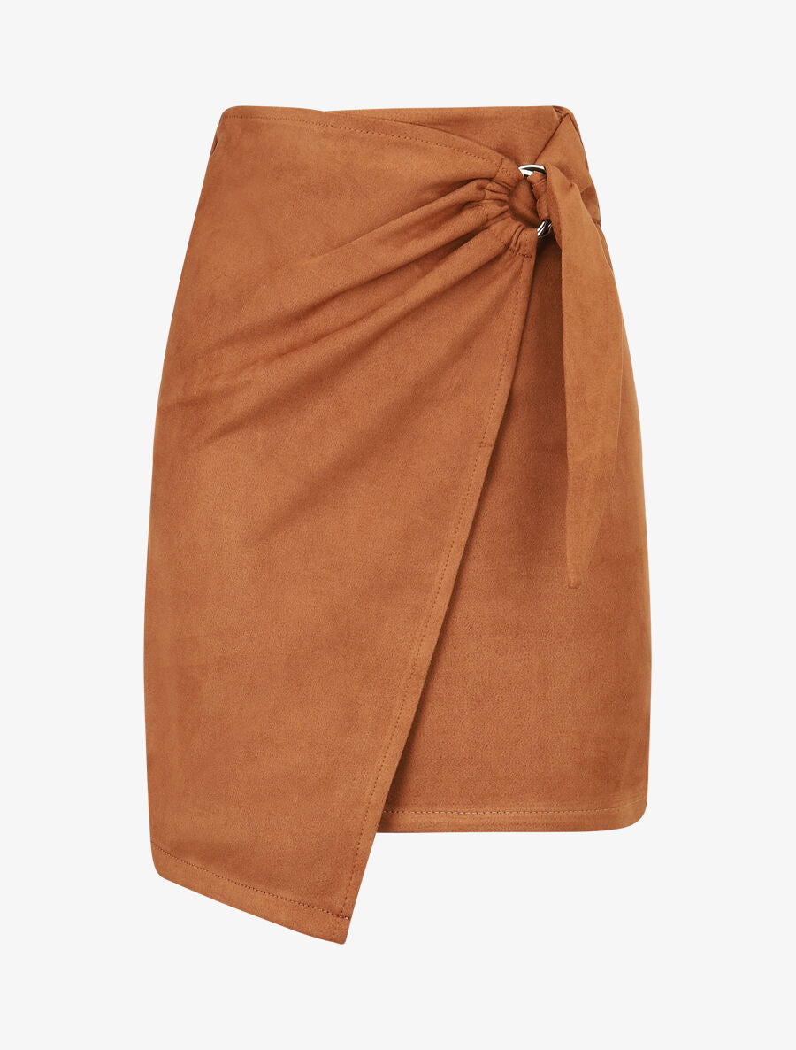 Jupe en suédine style portefeuille - Camel - 1