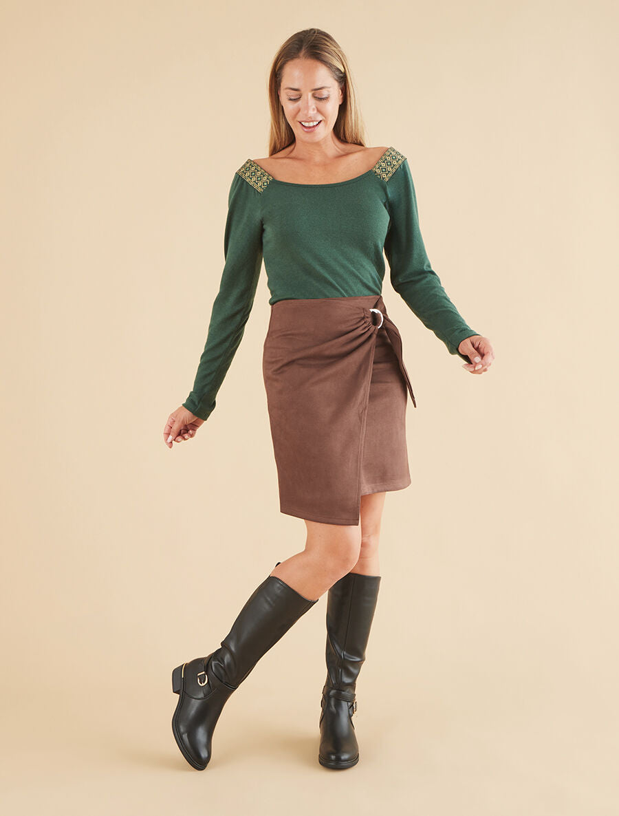 Jupe en suédine style portefeuille - Marron - 4