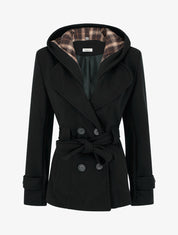 Manteau uni à capuche imprimée amovible - Noir - 1