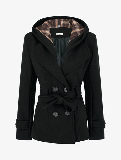 Manteau uni à capuche imprimée amovible - Noir - 1