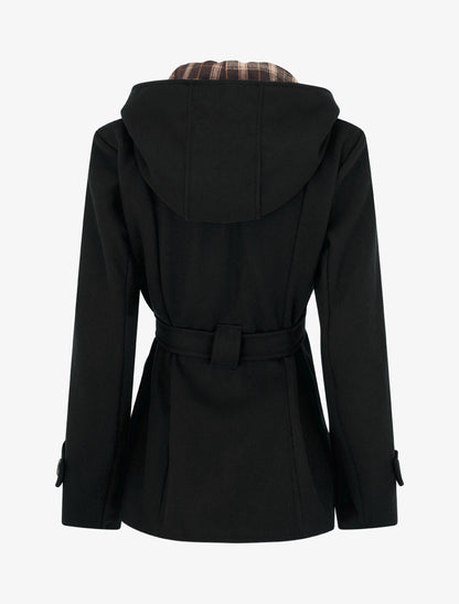 Manteau uni à capuche imprimée amovible - Noir - 2