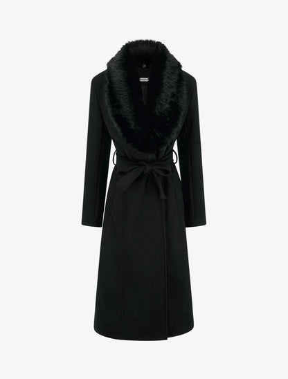 Manteau à col en fourrure synthétique amovible - Noir - 1