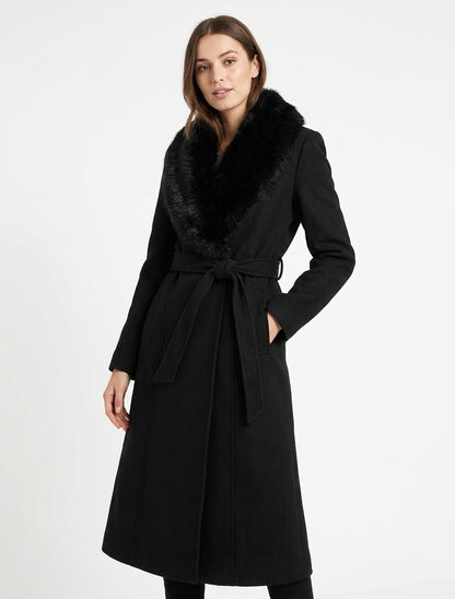 Cappotto con collo in pelliccia sintetica rimovibile - Nero