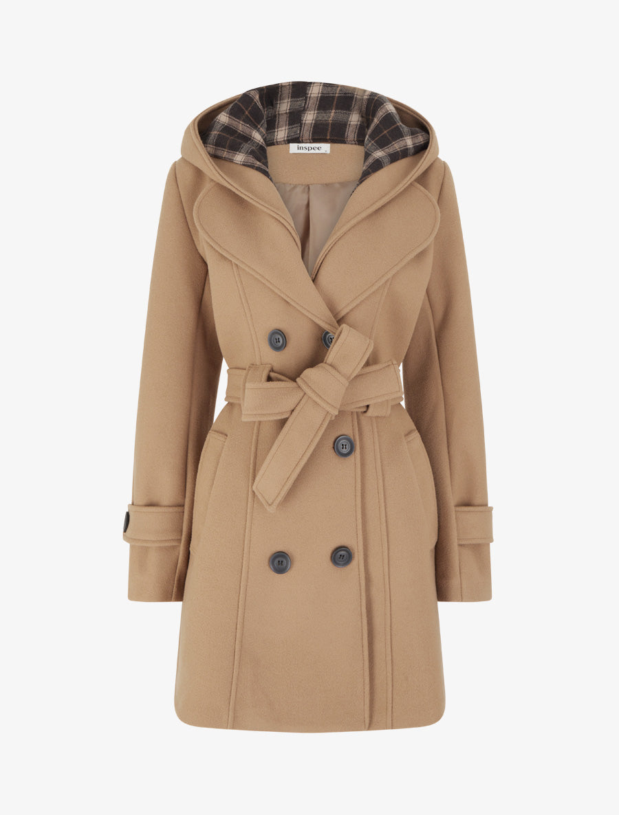 Manteau droit à capuche amovible - Camel - 1