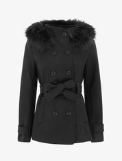 Manteau ceinturé à fermeture croisé et capuche amovible - Noir - 1