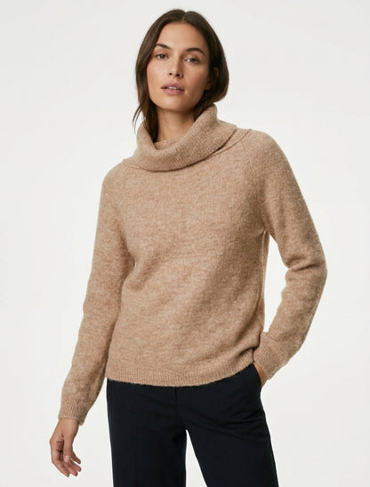 Maglione a collo alto in lana mista - Beige