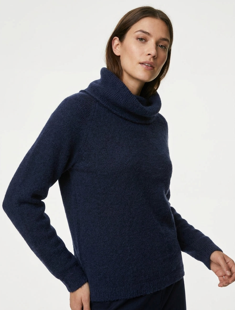 Maglione a collo alto in lana mista - Marina