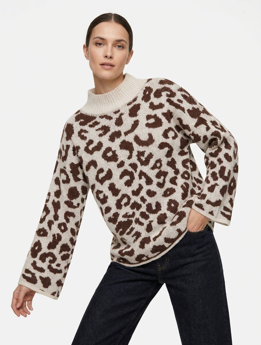 Maglione leopardato a collo alto - Beige