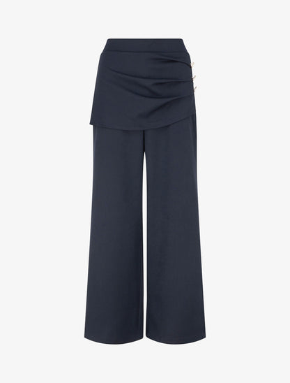 Pantalon ample taille haute et drapé - Marine - 1