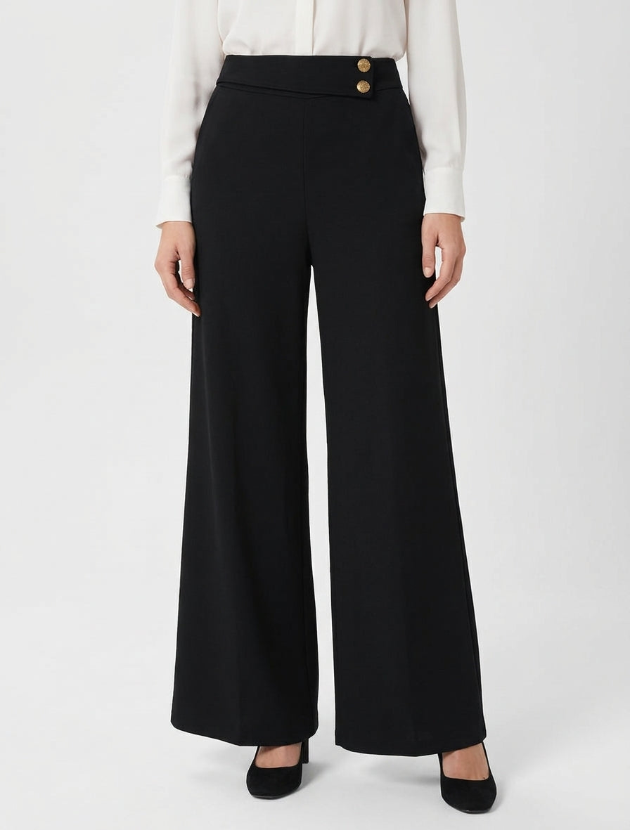 Pantaloni ampi a vita alta con elastico - Nero