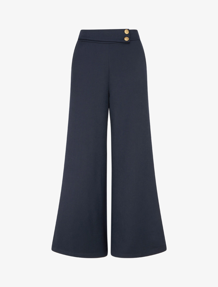 Pantalon ample taille haute élastiquée - Marine - 1