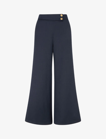 Pantalon ample taille haute élastiquée - Marine - 1