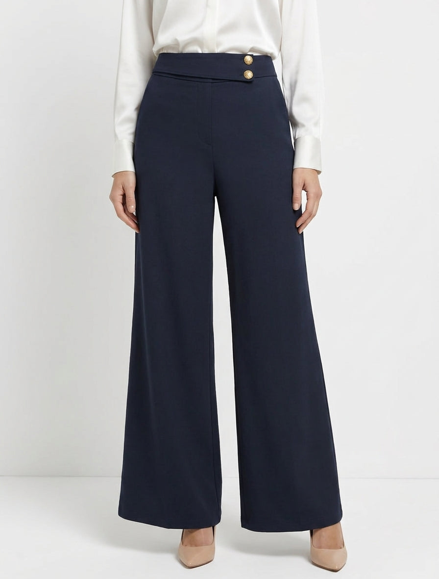Pantaloni ampi a vita alta con elastico - Marina