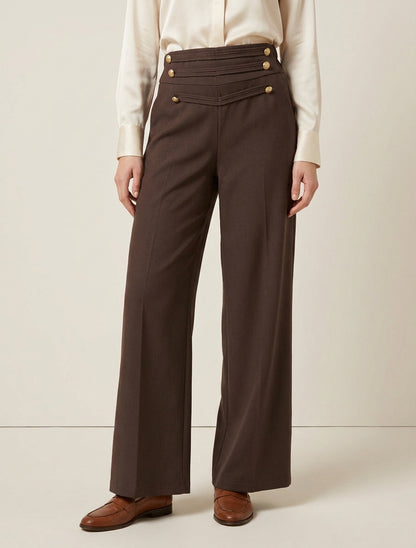 Pantaloni a vita alta con bottoni decorativi - Marrone