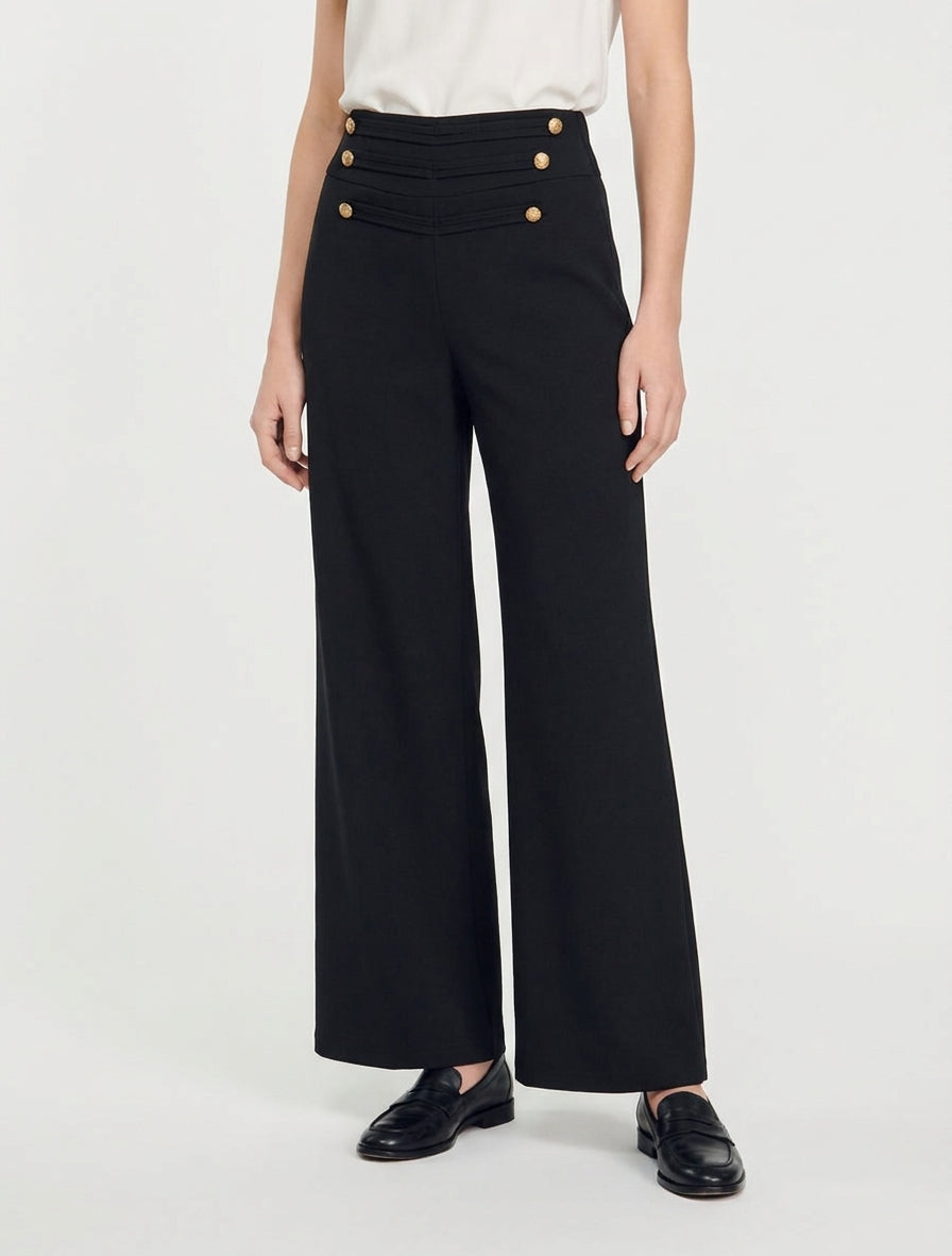 Pantaloni a vita alta con bottoni decorativi - Nero