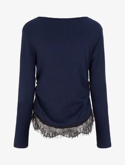 Pull côtelé bas dentelle et côtés froncés - Marine - 2